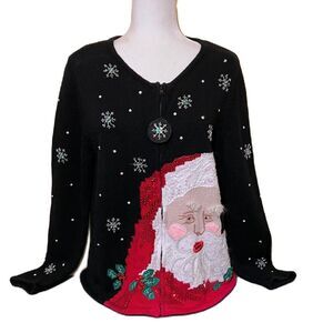 Holiday Sweater L Angora Zip Up VTG Santa Face and Snowflake Classic Elements